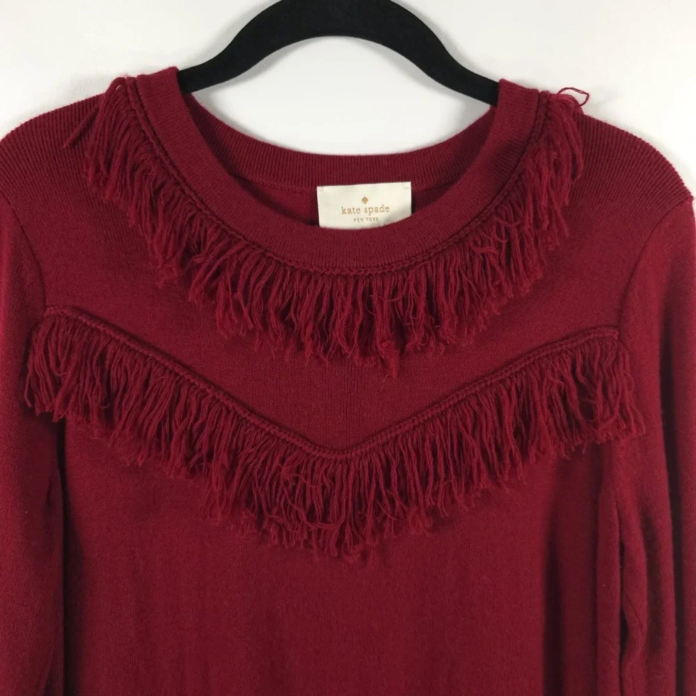 New Kate Spade New York WOOL Blend RussetRed Fringe Sweater Dress NJMU9336 SMALL